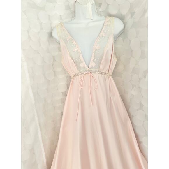 Vintage 70’s Pink Nightgown & Robe Set Large FULL SWEEP Satin lace Old Hollywood - Picture 4 of 16